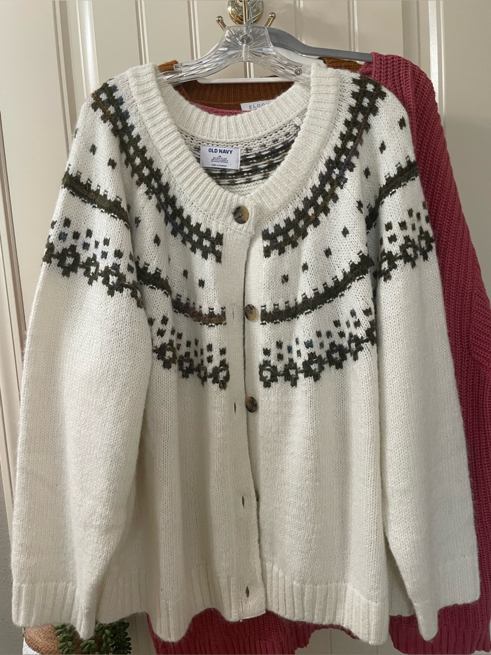 Old Navy Cream Fair Isle Button-Front Cardigan with Olive and Brown Accents